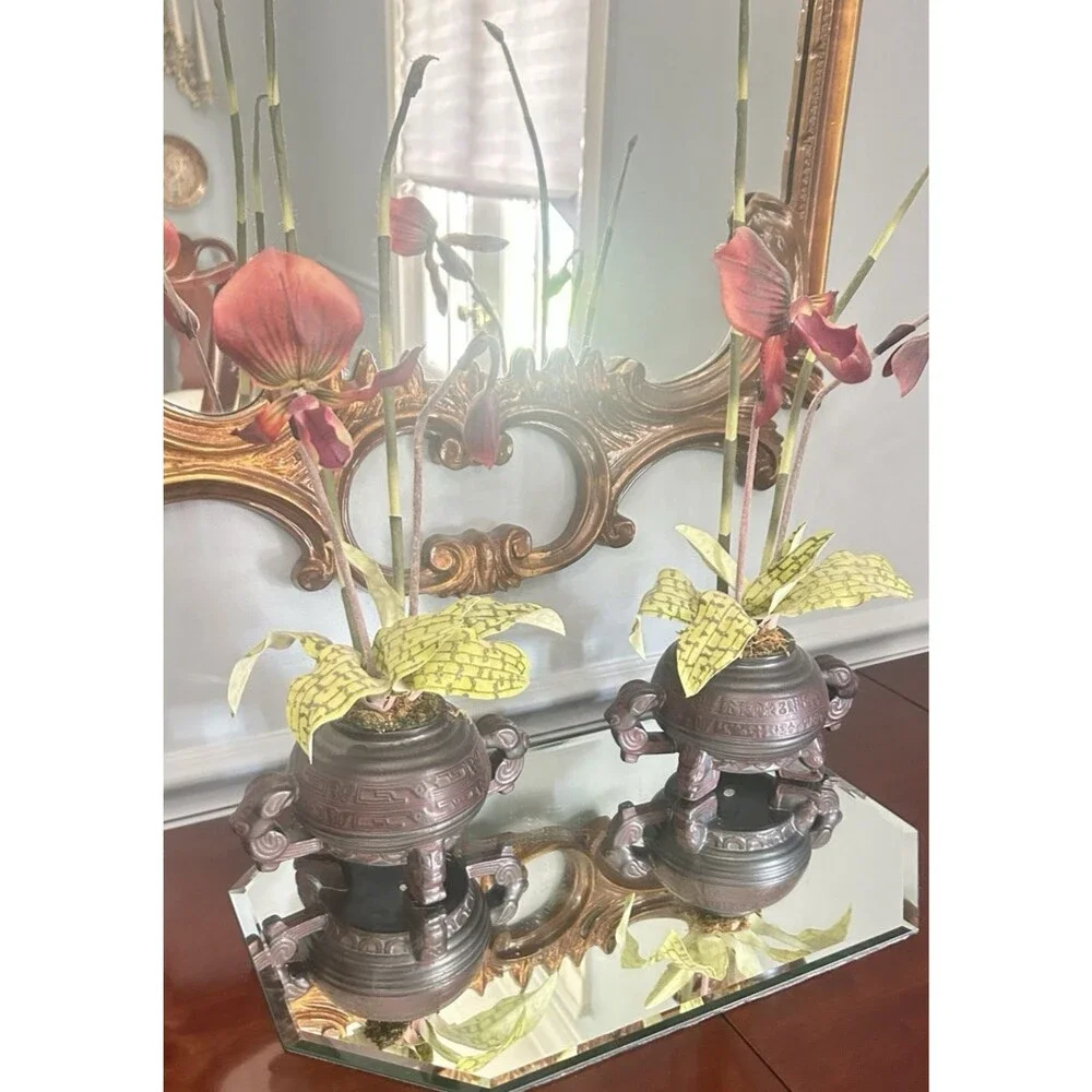 Pair Of Faux Burgundy Orchids in Chinese Resin Footed Bowl 21